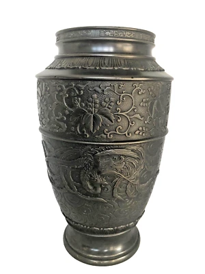 Jarrón antiguo asiático patinado de bronce pesado con pájaro fénix mitológico Foto 1 de 4