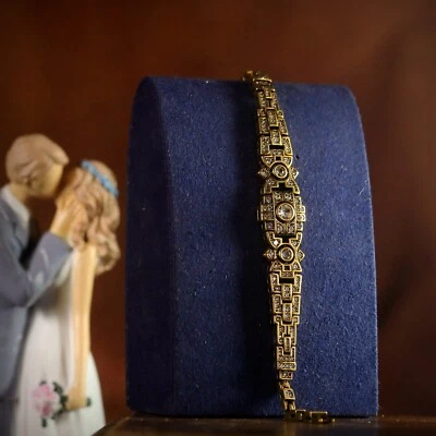 Armband Golden Antik Kunst Deko Blumen- Cz Weiß Vintage 1920s Stil Ehe SC11 - Bild 1 von 4