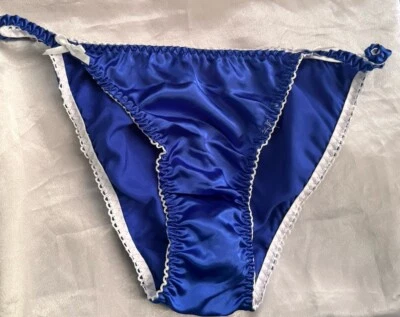 Bragas de bikini estilo vintage hechas a mano azul brillante talla L satinado cuerda refuerzo satinado Foto 1 de 4