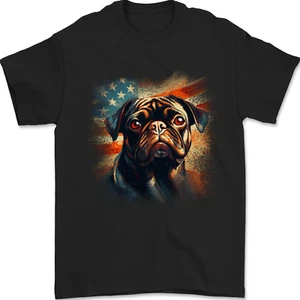 USA Pug With American Flag Dog Mens T-Shirt 100% Cotton - Picture 1 of 2