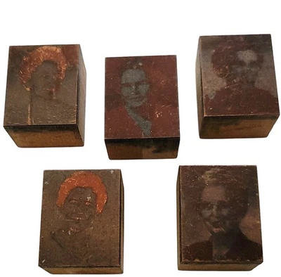 Letter Printing Press Photo Portrait 5 Wood Copper Blocks Names Back Vtg Antique - Image 1 of 4
