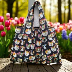 Cat Large Foldable Tote Reusable Grocery Nylon Bag Lightweight Durable Cat Lady - Picture 1 of 5