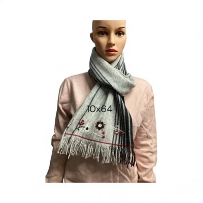 Cousin Johnny 100% cotton scarf grey striped pattern embroidered floral  - Image 1 of 3