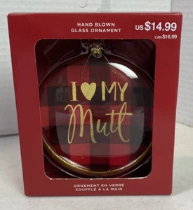 I Love My Mutt Hand Blown Glass Ornament Red & Black Buffalo Plaid Dog Love - Picture 1 of 5
