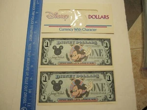 Vintage 1989 Series $1 Mickey Mouse Disney Dollar in Envelope Set of 2 - Picture 1 of 5
