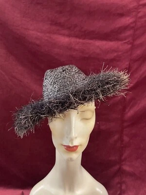 Vintage 40s 50s Black Brown Straw Hat With Fringed Brim Sunhat Italy Raffia - Image 1 of 4
