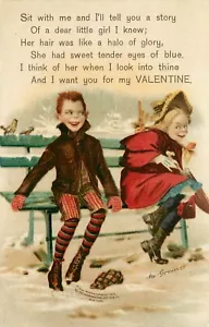 S/A Greiner Valentine Postcard; Coy Children On Bench in Snow, IAPC 705 - Picture 1 of 2