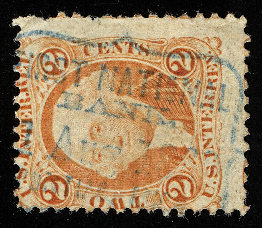 B815 U.S. Revenue Scott #R15c 2c USIR, blue boxed shield bank handstamp cancel - Image 1 of 1