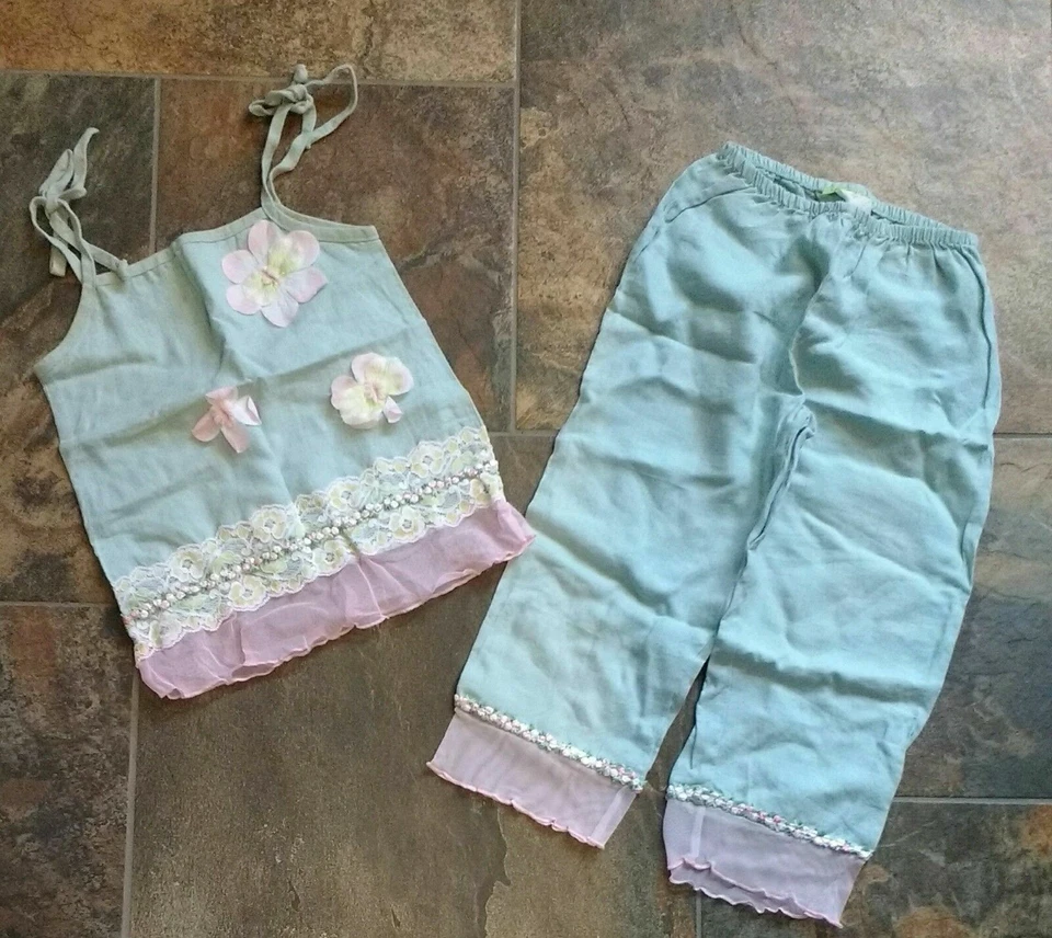 Calça capri Little Mass tamanho 5 6 7 linho verde rosa floral primavera Páscoa - Imagem 1 de 1