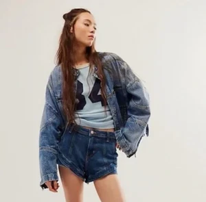 Free People We The Free Dia Blue Denim Moto Jacket Slouchy Oversized NWOT Medium - Picture 1 of 8