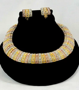 Gargantilla/collar vintage tricolor llamativo con pendientes de clip a juego - Imagen 1 de 20