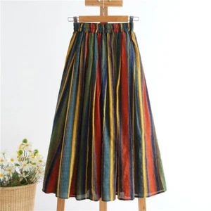 Women Striped Cotton Skirt Midi Ethnic Elastic Waist Hippie Boho Multicolor - Picture 1 of 7