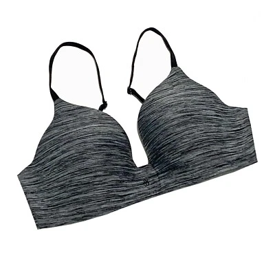 Sujetador acolchado a rayas grises sin aros Victoria's Secret con ribete negro, talla 34C Foto 1 de 3