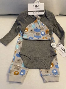 Layette ,Baby Boy ,Color Gray, Bodysuit, animal Beanie Hat, Pants, Layette Set. - Picture 1 of 2