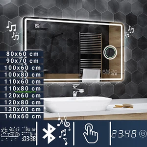 Badspiegel mit LED Wandspiegel Spiegel AUDIO UHR WETTER MAKEUP Madrit + TOUCH - Bild 1 von 3