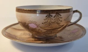 Handbemalte Moriage Gold Teetasse und Untertasse asiatische Landschaft weiß gold rosa selten - Bild 1 von 8
