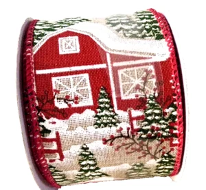 Red Barn 2,5" mal 5 Yard verdrahtetes Band Kiefern Schnee Glitzer Winter Wunderland - Bild 1 von 6