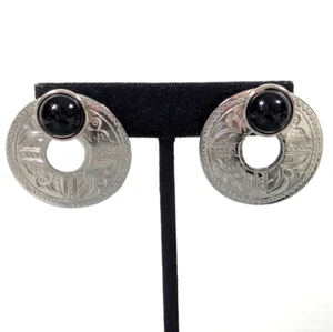 Tribal Bali Style Bird Flower Black Glass Cabochon Round Drop Pierced Earrings - Picture 1 of 10