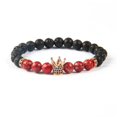 Pulsera de reyes corona espaciadora circonita negra con cuentas de piedra de roca de lava para hombre y mujer Foto 1 de 4