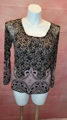 Blusa Top Lizwear Para Mujer Negra 100% Nylon Cuello Redondo Floral Manga Larga Talla M Foto 1 de 4