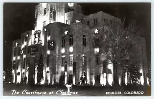 RPPC BOULDER COLORADO THE COURTHOUSE AT CHRISTMAS "GROGANIZED" PHOTO POSTCARD - Picture 1 of 2