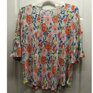 Cure Women's Size 2XL Multicolor Floral 3/4 Bell Sleeves Boat Neck Ribbed Top - Picture 1 of 6