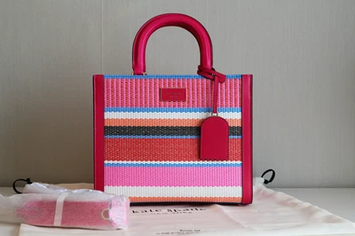 Bolso de Mano Pequeño KATE SPADE Manhattan Rayas Paja Frambuesa Salvaje Multi con Correa Foto 1 de 4
