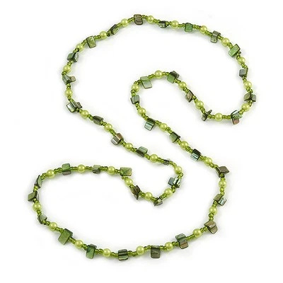 Lime/ Green Glass and Shell Bead Long Necklace - 106cm Long - Image 1 of 4