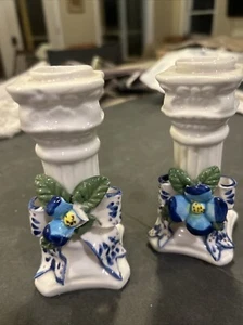 Vintage Porcelain Candle Holder With Blue Flowers - Picture 1 of 4