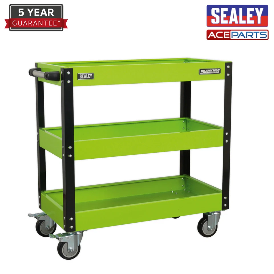Sealey CX110HV Workshop Trolley 3 Level Heavy Duty Hi Vis Green Garage Tool Cart - Image 1 of 4