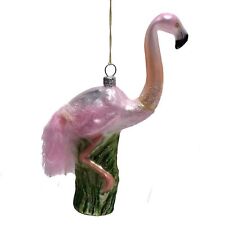 Pink Flamingo with Feather Tail Polish Glass Christmas Tree Ornament Bird