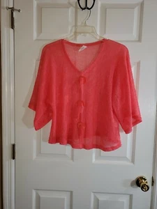 Noelle Orange Open Knit Shirt Sequins Sheer Oversized Sweater 3 Button One Size  - Picture 1 of 4