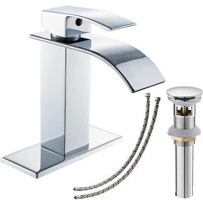 BWE Waterfall Bathroom Sink Faucet Chrome Single Handle Vanity Mixer Tap with Drain