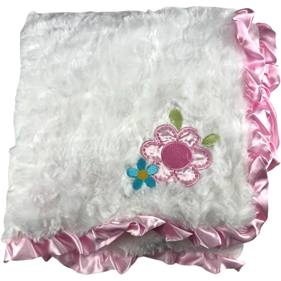 Baby Starters Girl Flower Pink Satin Ruffle Trim White Rosette Fluffy Blanket - Image 1 of 3