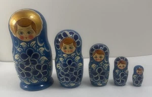 Hand painted Matryoshka Russian Nesting Doll 7” W/ 5 Dolls Blue Floral - Picture 1 of 9