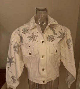 Chaqueta de mezclilla blanca con tema de mar adornada vintage de St John ~NUEVA CON ETIQUETAS~ - Imagen 1 de 7