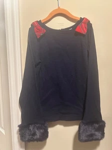 Girl's Janie and Jack Sz 8 Navy Blue Shirt w/Red Plaid Bows & Faux Fur Cuffs - Picture 1 of 10