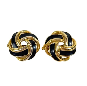 Vintage Trifari TM Comfort Clip Ohrringe - schwarze Emaille - goldfarben - Love Knot - Bild 1 von 7