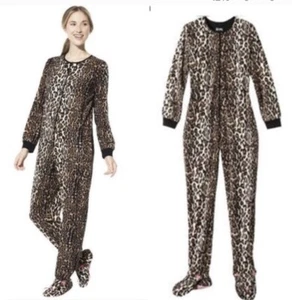 Nick & Nora Leopard Animal Print Footie Fleece Pajamas One Piece Size Small - Picture 1 of 9