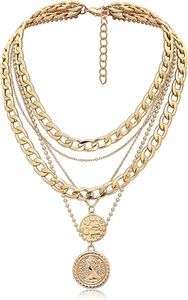 Gold Layered Necklaces for Women Trendy Retro Coin Pendant Necklace Dainty Chunk - Picture 1 of 12