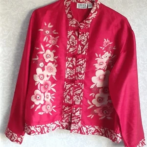 Chico's Womens 100% Silk Asian Red Floral Long Sleeve Kimono Jacket Top Sz Med - Picture 1 of 9