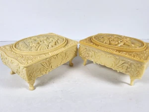 2 Vtg Jewelry Box Plastic Ornate Footed Trinket Box Mirror Lid Hong Kong - Picture 1 of 20