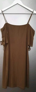 Topshop Khaki Ribbed Bodycon Mini Dress UK14 EU42 US10 Cold Shoulder Tie Detail - Picture 1 of 11