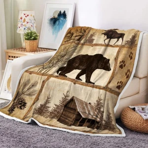 Rustic Cabin Throw Blankets, Farmhouse Country Antique Bear Moose Forest Vintage - Picture 1 of 12