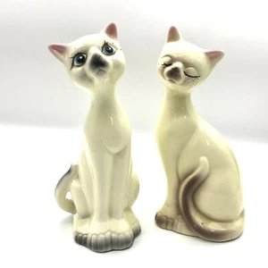 Pair MCM Siamese Cats Long Neck Hand Painted Ceramic 10" Mid Century Vtg - Picture 1 of 10