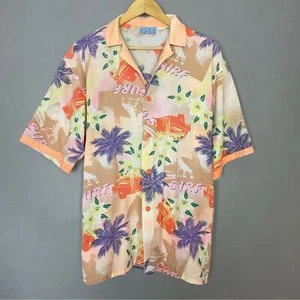 Camicia hawaiana vintage tropicale retrò palme sbiadite bottoni surfista anni 80 90 - Foto 1 di 14