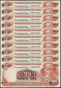 Nicaragua 20000 Cordobas on 20 Cordobas, 1987, P-147, UNC, Series F X 10 PCS - Picture 1 of 2
