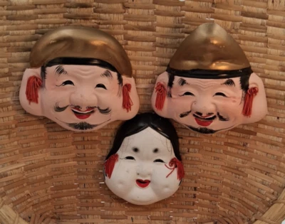 Lote de 3 Máscaras Noh Japonesas Vintage Cerámica Decoración de Pared Folclore Tradición Foto 1 de 4