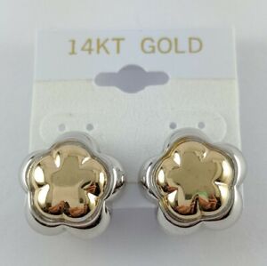 14K Two Tone Yellow White Gold 3/4" Puffy Flower Omega Back Earrings 6.99g