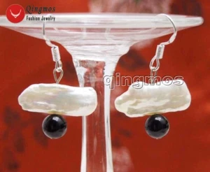 12-15mm Biwa Natural White Pearl Earring for Women Black Agate Dangle Earring - Picture 1 of 6